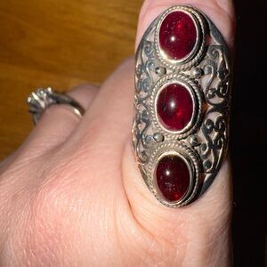 Elegant Silver and Red Statement Ring Sz8